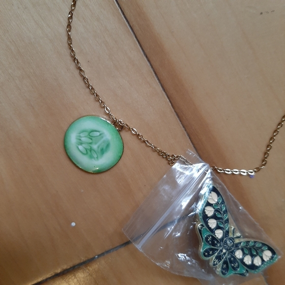 Cucumber Slice Pendant Necklace and butterfly pin - Picture 2 of 4